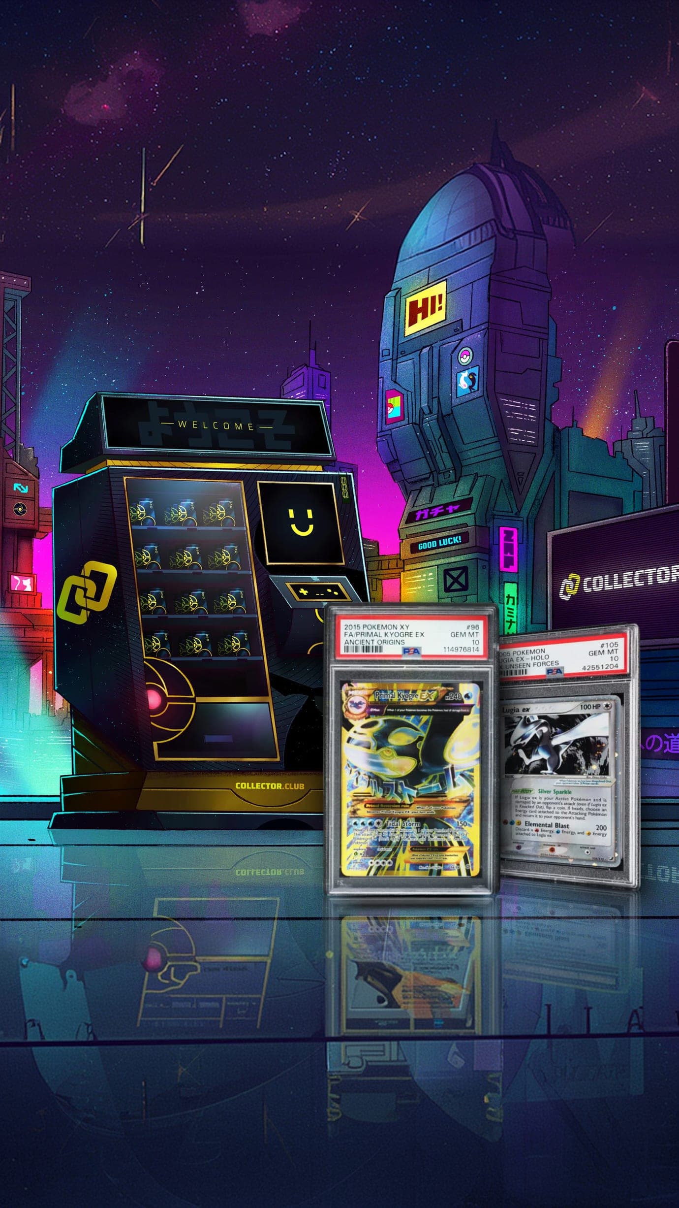 Collector.Club arcade machine dispensing packs beside graded cards