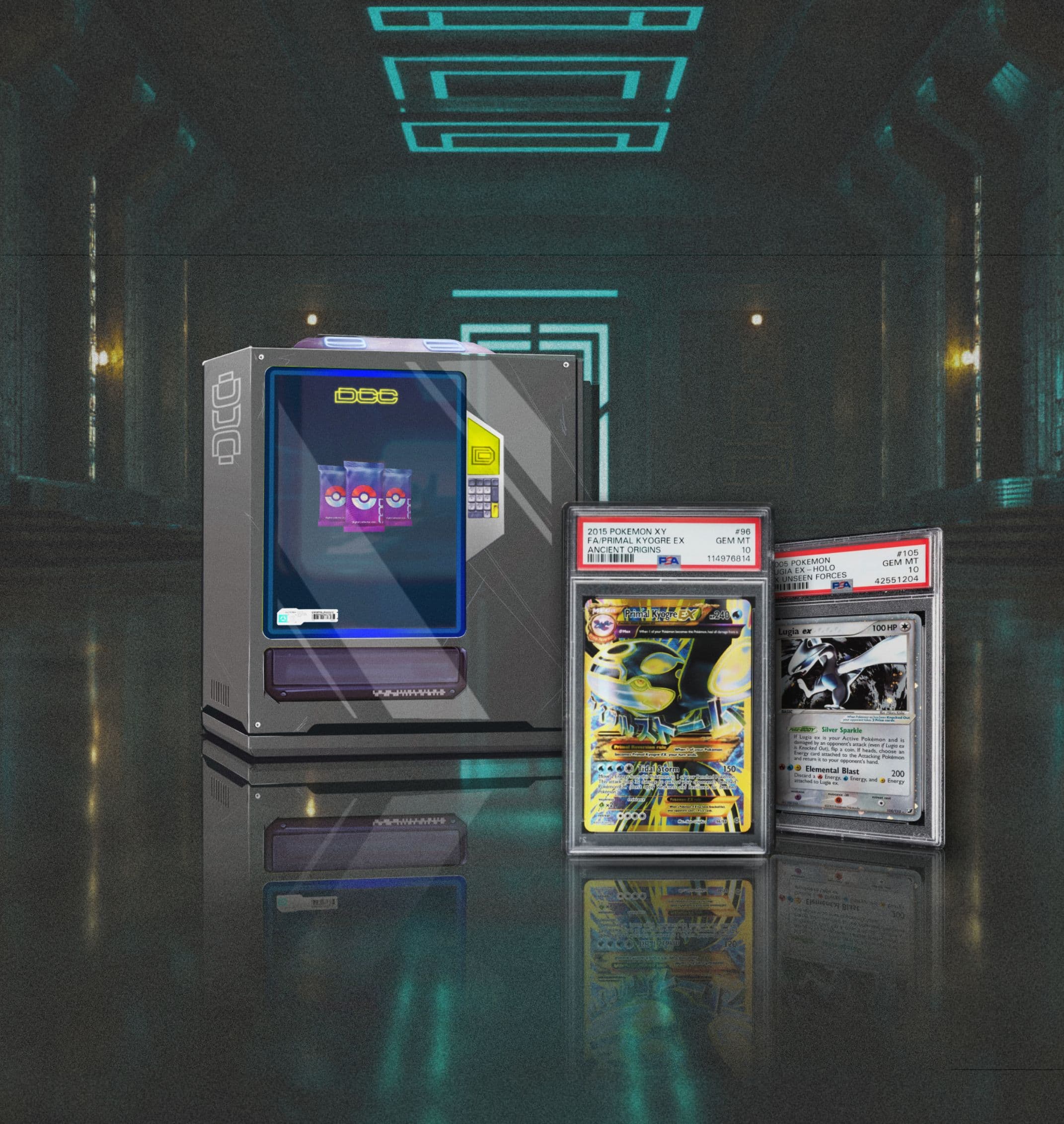 DCC arcade machine dispensing packs beside graded cards